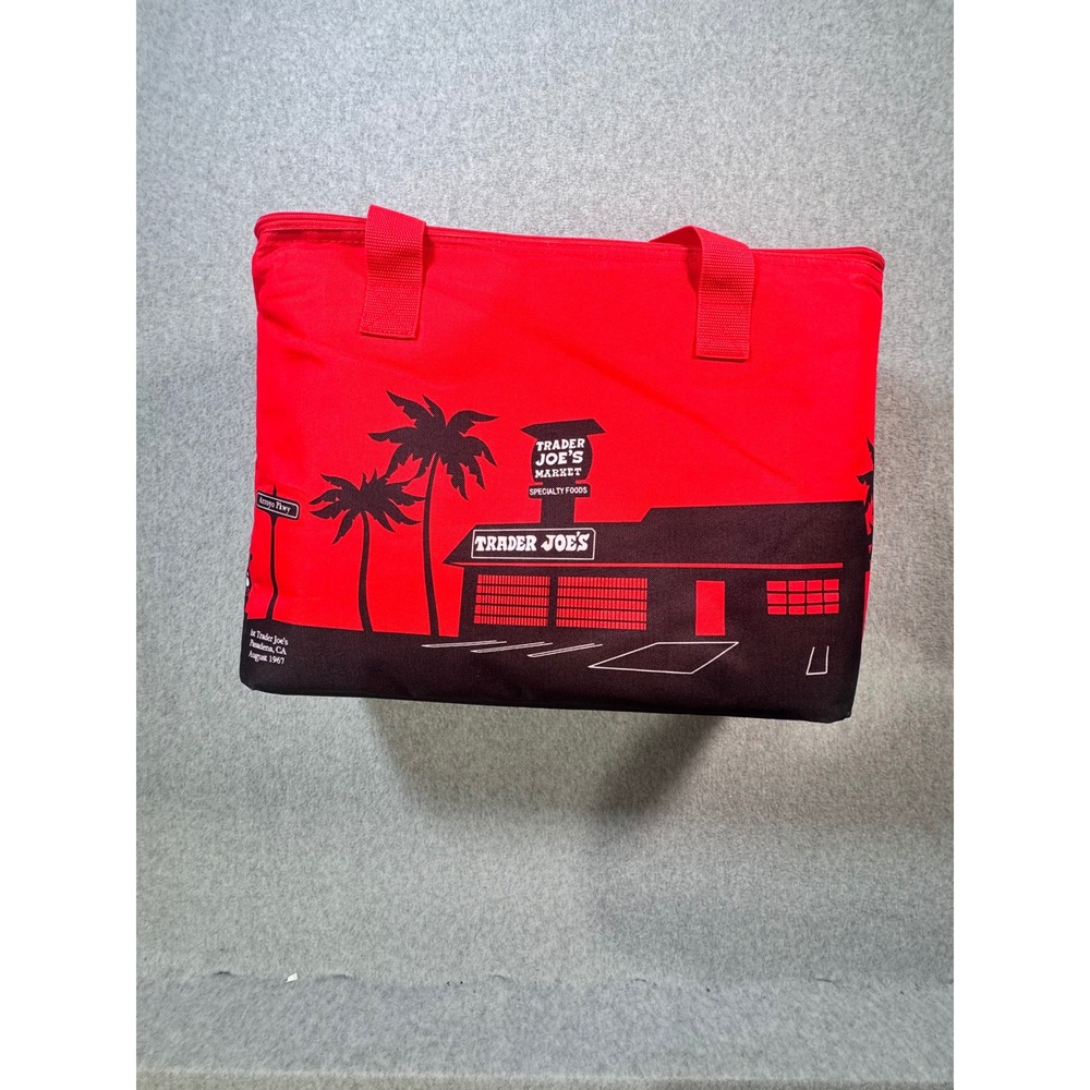 Trader Joes Insulated Grocery Bag Pasadena 1967 Red Black Reusable Tote Zip Top
